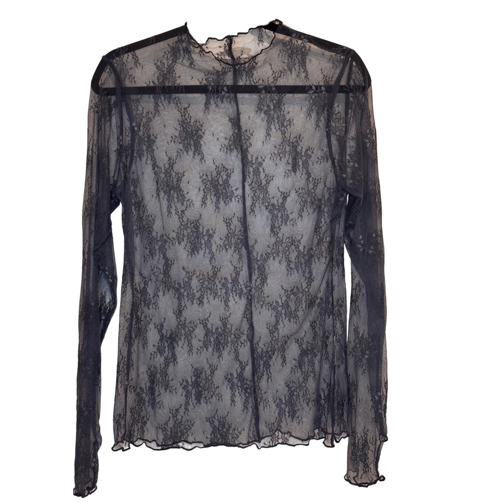 Sheer Lace Mock Neck Long Sleeve Top Size L Floral Lettuce Hem Y2K‎ Romantasy